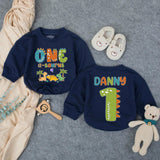 Personalized Dinosaur First Birthday Outfit for Boy with Custom Name, Whimsical Dino Graphics, Soft Cotton Bubble Romper for Party Fun