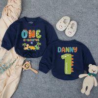 Personalized Dinosaur First Birthday Outfit for Boy with Custom Name, Whimsical Dino Graphics, Soft Cotton Bubble Romper for Party Fun