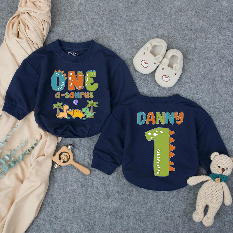 Personalized Dinosaur First Birthday Outfit for Boy with Custom Name, Whimsical Dino Graphics, Soft Cotton Bubble Romper for Party Fun