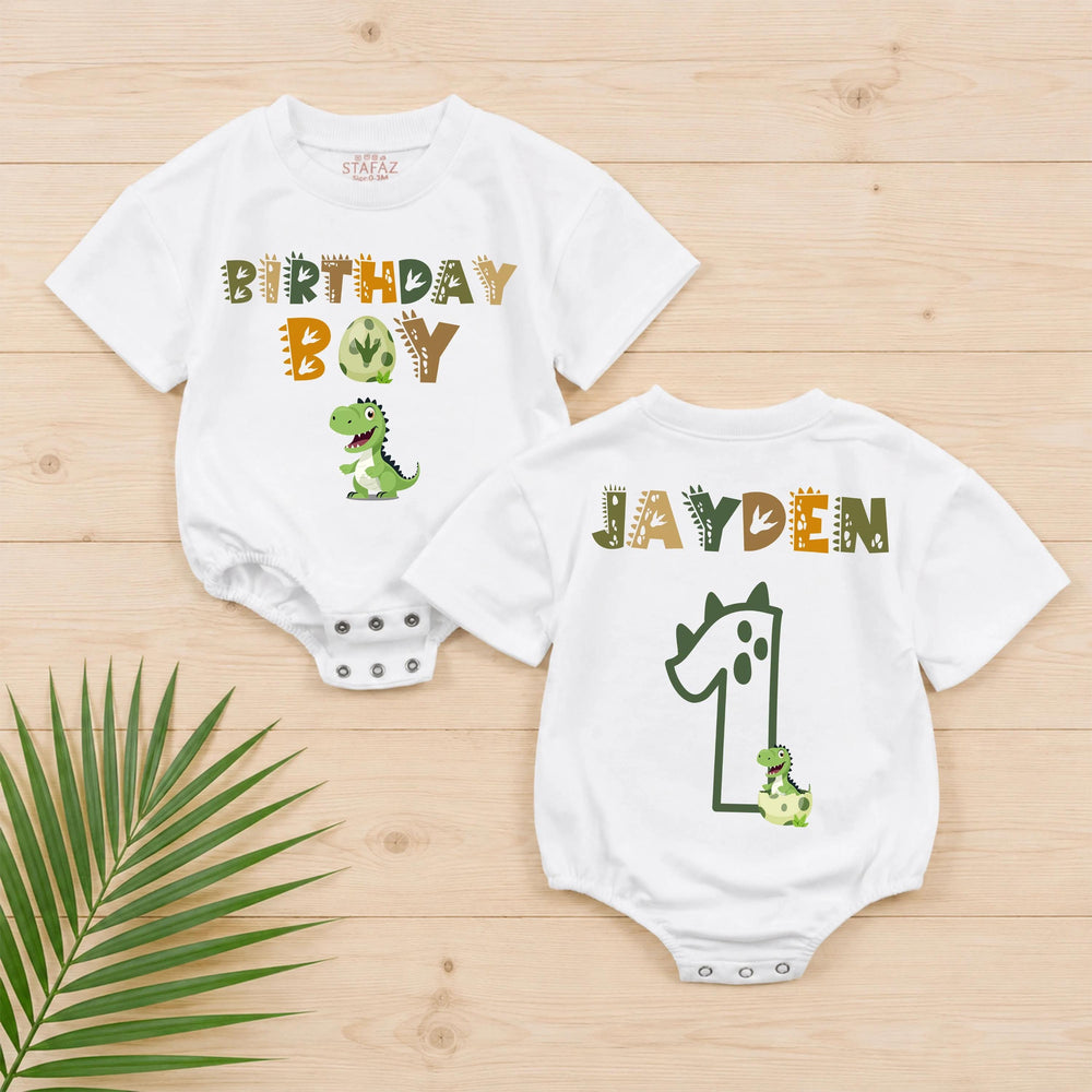 Personalized Dinosaur First Birthday Romper with Custom Name Jayden, Baby Boy Cake Smash Outfit, Birthday Party Clothes, Olive Green Design