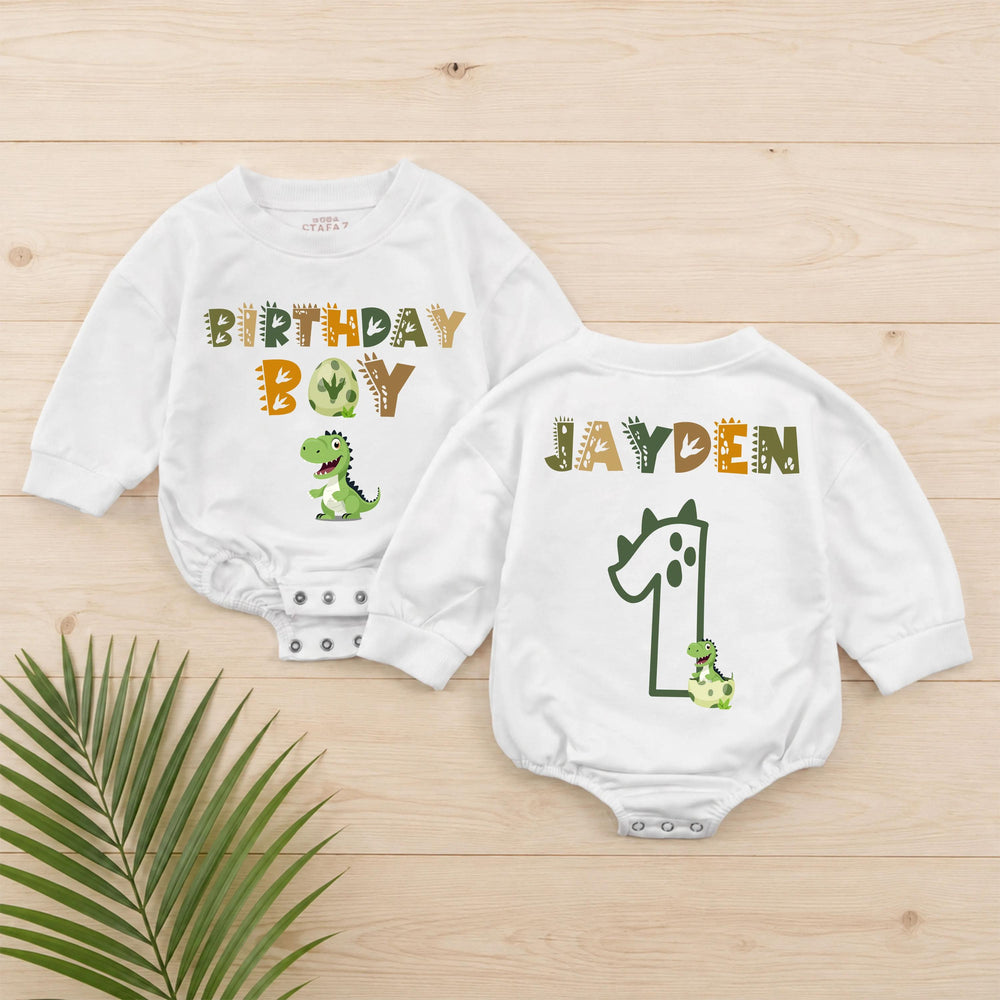 Personalized Dinosaur First Birthday Romper with Custom Name Jayden, Baby Boy Cake Smash Outfit, Birthday Party Clothes, Olive Green Design