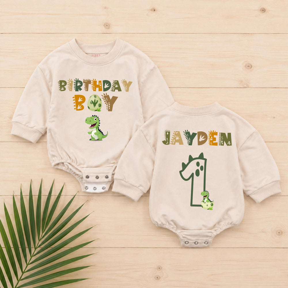 Personalized Dinosaur First Birthday Romper with Custom Name Jayden, Baby Boy Cake Smash Outfit, Birthday Party Clothes, Olive Green Design