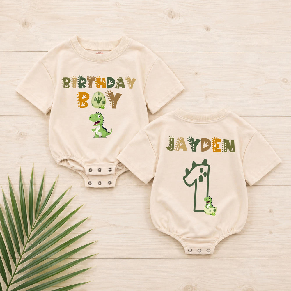 Personalized Dinosaur First Birthday Romper with Custom Name Jayden, Baby Boy Cake Smash Outfit, Birthday Party Clothes, Olive Green Design