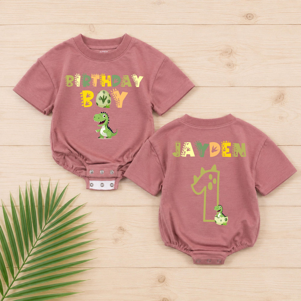 Personalized Dinosaur First Birthday Romper with Custom Name Jayden, Baby Boy Cake Smash Outfit, Birthday Party Clothes, Olive Green Design