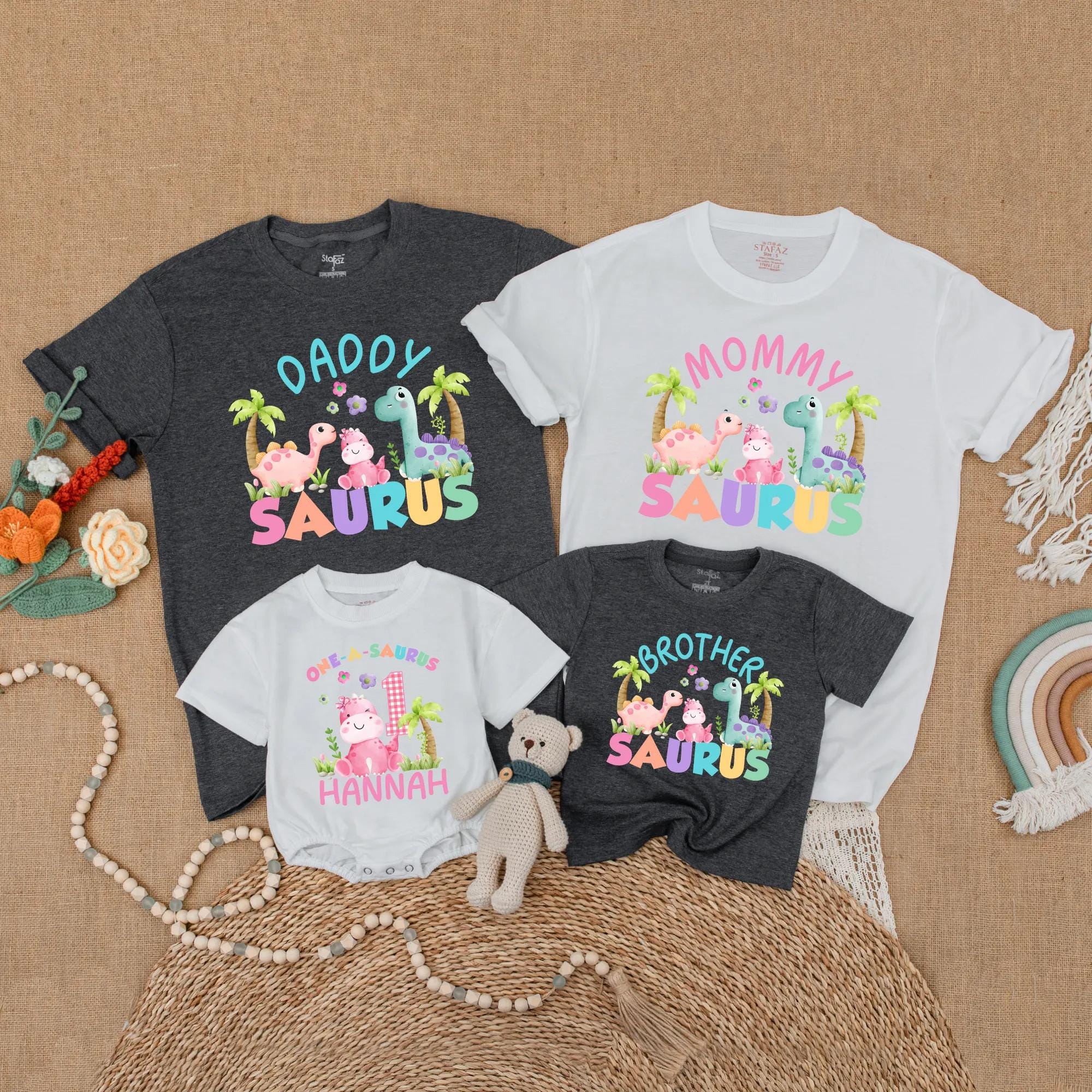 Personalized Dinosaur Matching Family Shirts with Custom Name Romper for Baby First Birthday Outfit Fun Dinosaur Design