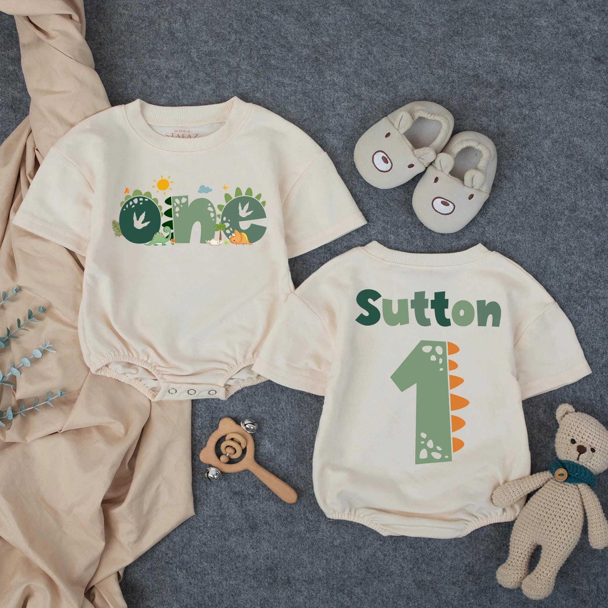Personalized Dinosaur Romper for Baby or Toddler First Birthday, Custom Name and Age Outfit with Sage Green, Muted Orange Party Design Gift