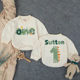 Personalized Dinosaur Romper for Baby or Toddler First Birthday, Custom Name and Age Outfit with Sage Green, Muted Orange Party Design Gift
