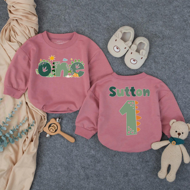 Personalized Dinosaur Romper for Baby or Toddler First Birthday, Custom Name and Age Outfit with Sage Green, Muted Orange Party Design Gift