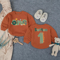 Personalized Dinosaur Romper for Baby or Toddler First Birthday, Custom Name and Age Outfit with Sage Green, Muted Orange Party Design Gift