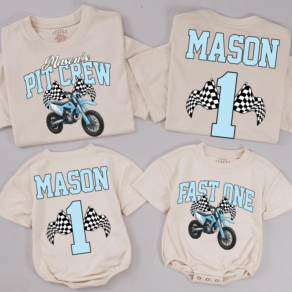 Personalized Dirt Bike First Birthday Outfit with Mason's Pit Crew Design Family Matching Shirts, Light Blue Varsity Style Toddler Gift