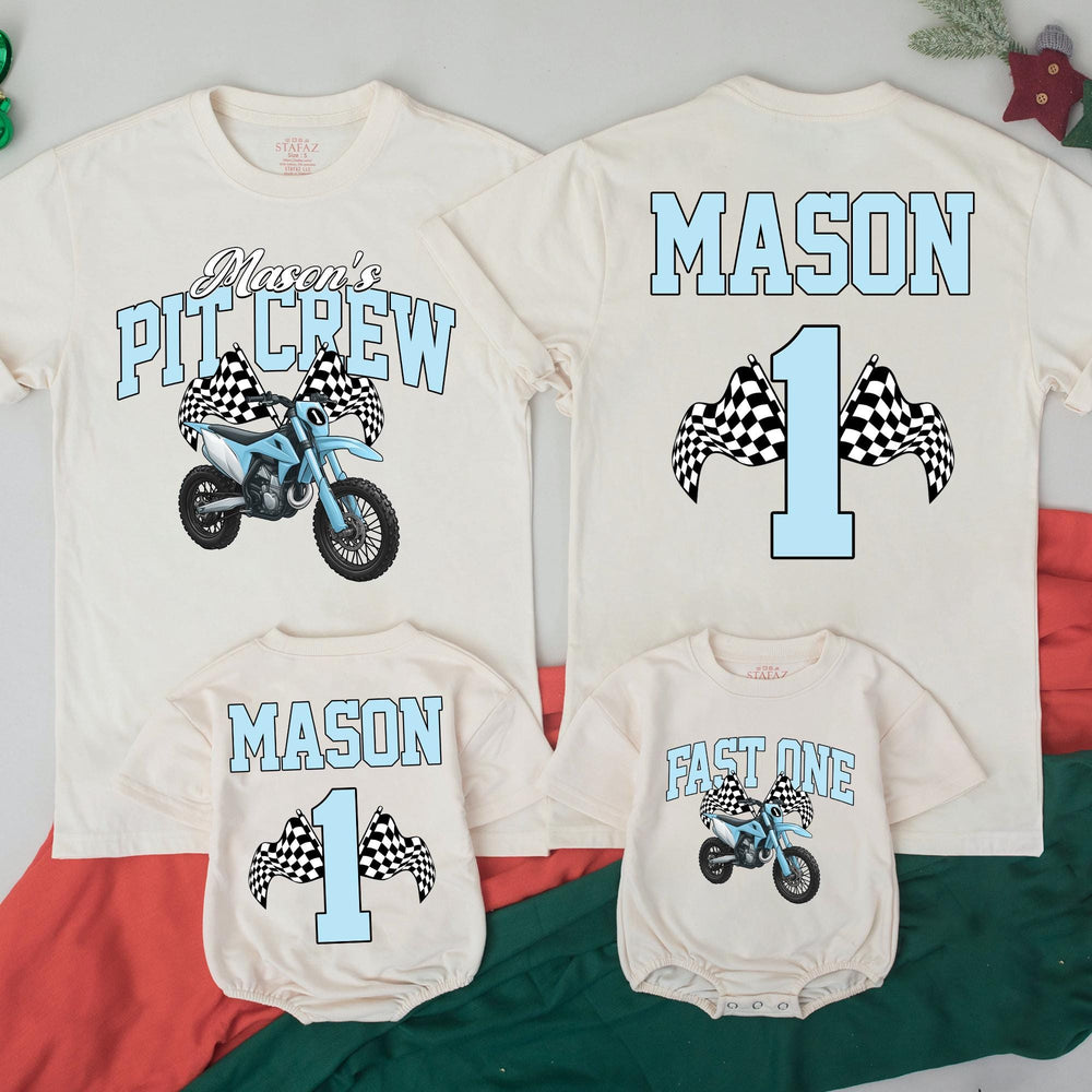 Personalized Dirt Bike First Birthday Outfit with Mason's Pit Crew Design Family Matching Shirts, Light Blue Varsity Style Toddler Gift