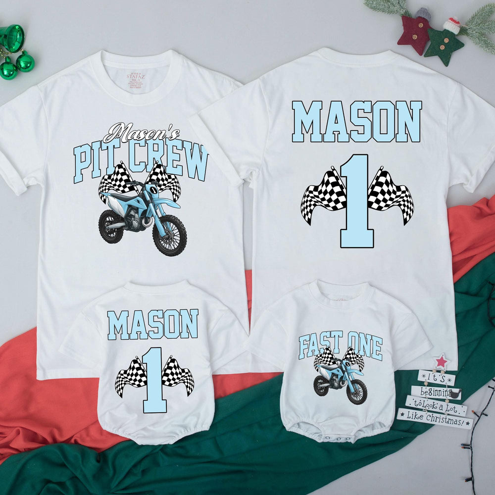 Personalized Dirt Bike First Birthday Outfit with Mason's Pit Crew Design Family Matching Shirts, Light Blue Varsity Style Toddler Gift