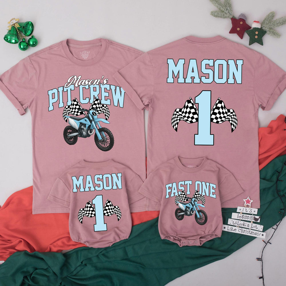 Personalized Dirt Bike First Birthday Outfit with Mason's Pit Crew Design Family Matching Shirts, Light Blue Varsity Style Toddler Gift