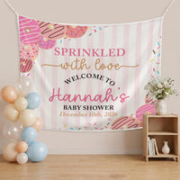 Personalized Donut Baby Shower Tapestry with Pink Sprinkles, Welcome Sign Backdrop for Girls Party, Custom Name and Date Included