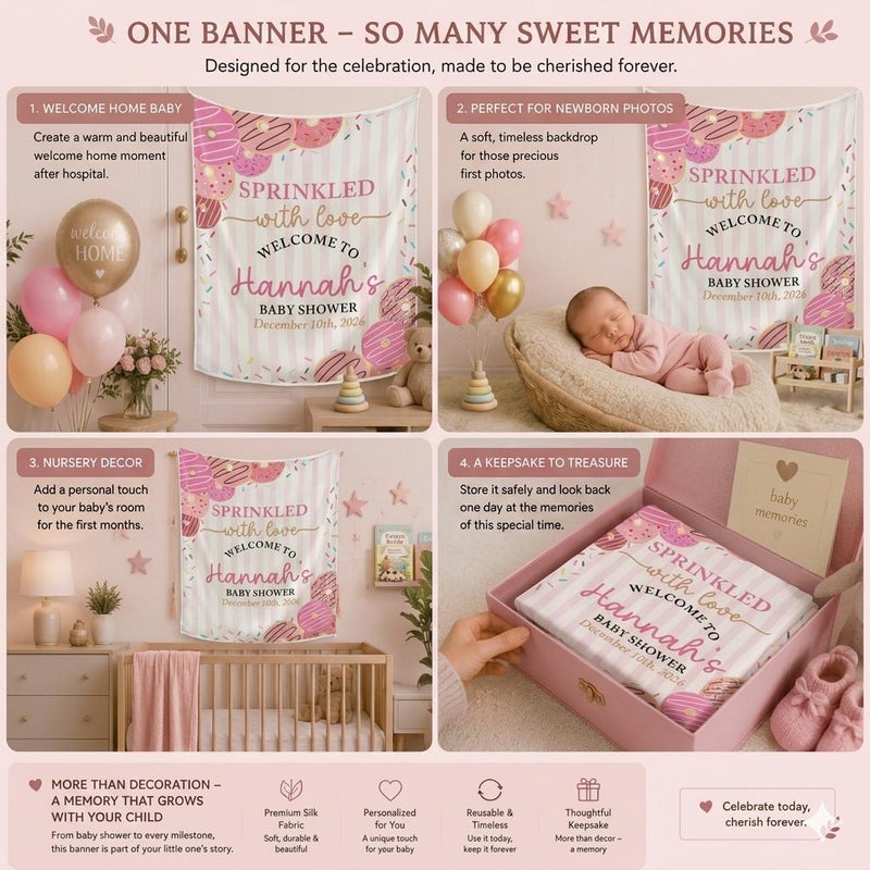 Personalized Donut Baby Shower Tapestry with Pink Sprinkles, Welcome Sign Backdrop for Girls Party, Custom Name and Date Included