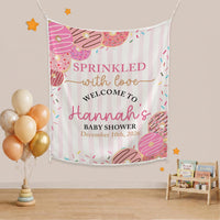 Personalized Donut Baby Shower Tapestry with Pink Sprinkles, Welcome Sign Backdrop for Girls Party, Custom Name and Date Included
