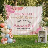 Personalized Donut Baby Shower Tapestry with Pink Sprinkles, Welcome Sign Backdrop for Girls Party, Custom Name and Date Included