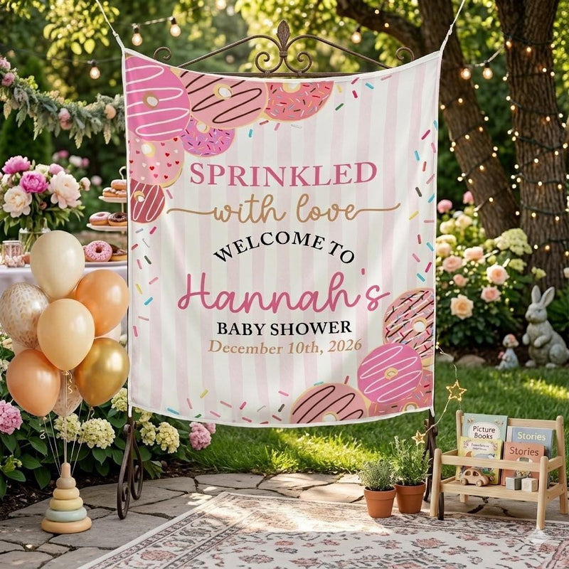 Personalized Donut Baby Shower Tapestry with Pink Sprinkles, Welcome Sign Backdrop for Girls Party, Custom Name and Date Included