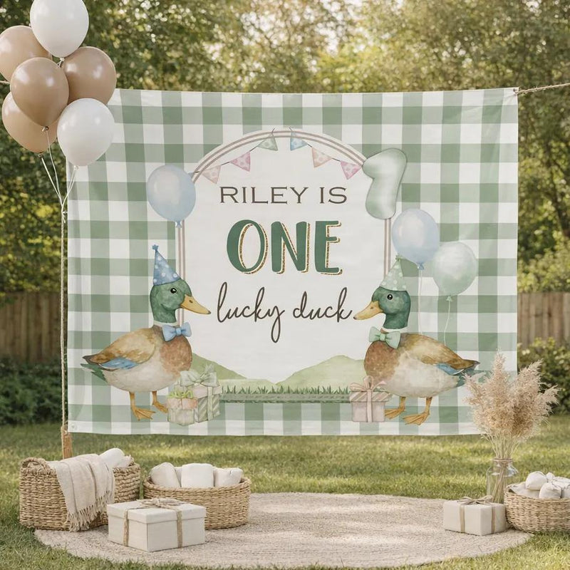Personalized Duck 1st Birthday Banner with Green Gingham, Mallard Party Design and Custom Name for Boy's Rustic Celebration Decor