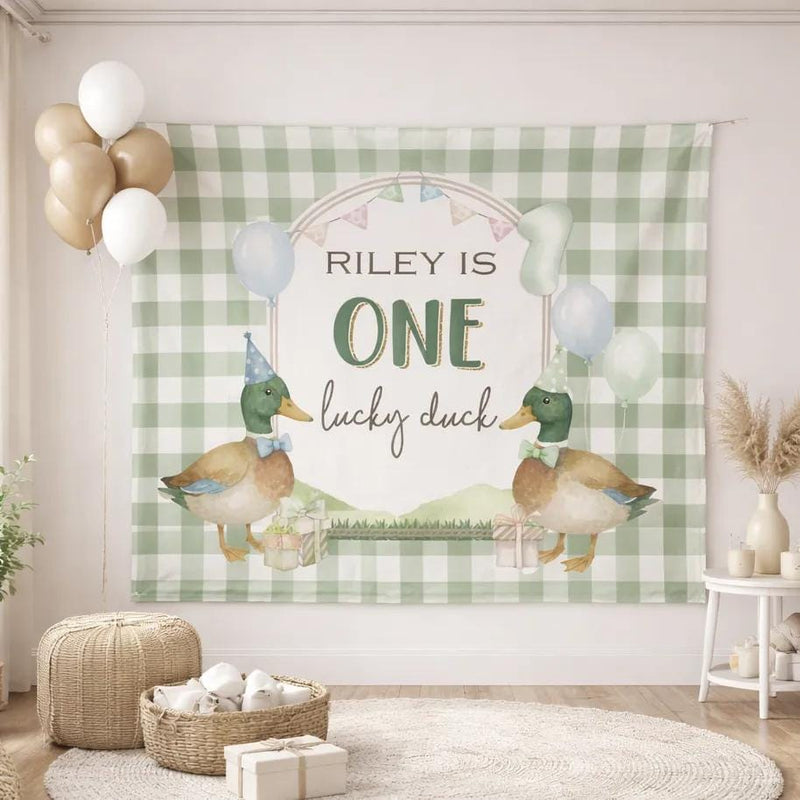 Personalized Duck 1st Birthday Banner with Green Gingham, Mallard Party Design and Custom Name for Boy's Rustic Celebration Decor