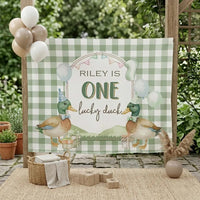 Personalized Duck 1st Birthday Banner with Green Gingham, Mallard Party Design and Custom Name for Boy's Rustic Celebration Decor