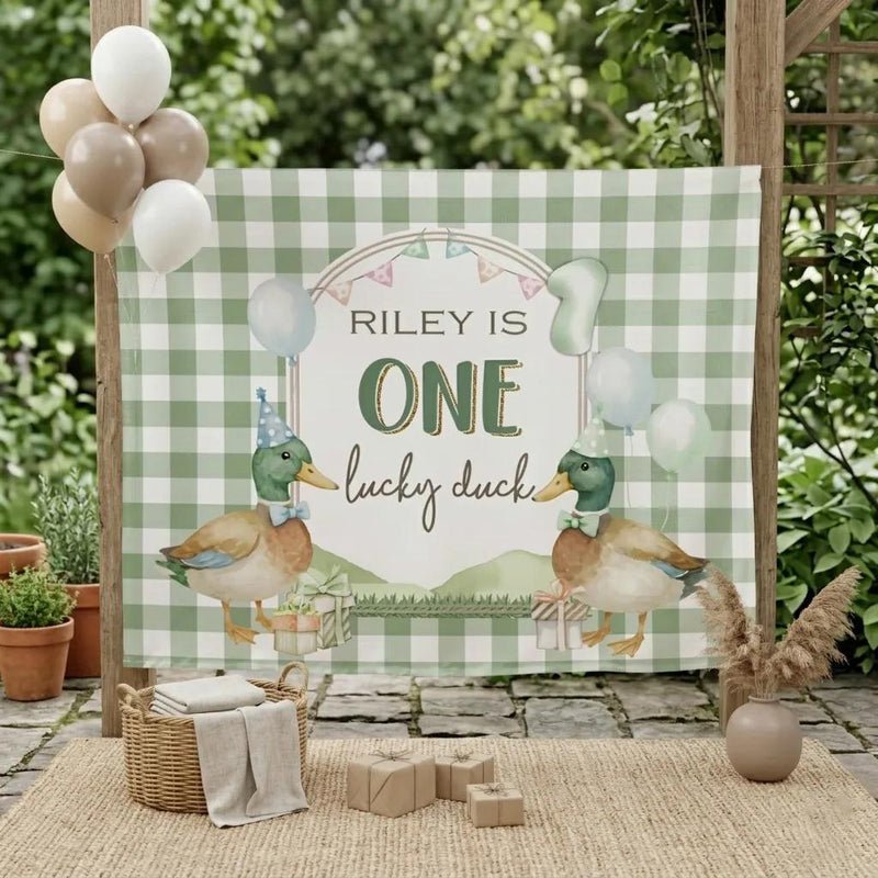 Personalized Duck 1st Birthday Banner with Green Gingham, Mallard Party Design and Custom Name for Boy's Rustic Celebration Decor