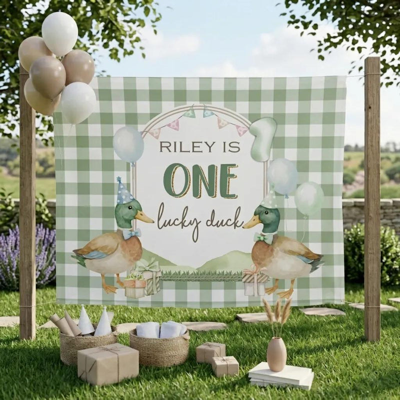 Personalized Duck 1st Birthday Banner with Green Gingham, Mallard Party Design and Custom Name for Boy's Rustic Celebration Decor