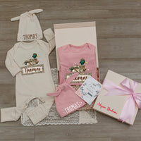 Personalized Duck Hunting Baby Bodysuit & Hat Set with Custom Name Patch, Soft Cotton Outfit for Newborns & Infants, Perfect Baby Shower Gift