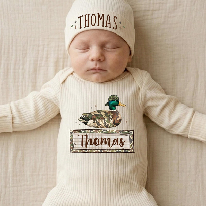 Personalized Duck Hunting Baby Bodysuit & Hat Set with Custom Name Patch, Soft Cotton Outfit for Newborns & Infants, Perfect Baby Shower Gift