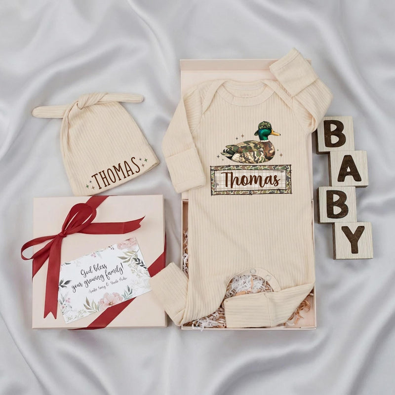 Personalized Duck Hunting Baby Bodysuit & Hat Set with Custom Name Patch, Soft Cotton Outfit for Newborns & Infants, Perfect Baby Shower Gift