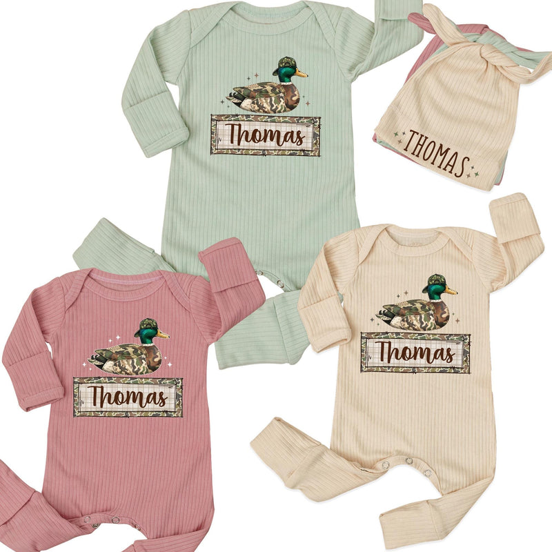 Personalized Duck Hunting Baby Bodysuit & Hat Set with Custom Name Patch, Soft Cotton Outfit for Newborns & Infants, Perfect Baby Shower Gift