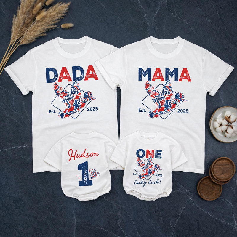 Personalized Duck Hunting Family Shirts, One Lucky Duck First Birthday American Boy Matching Family Outfits
