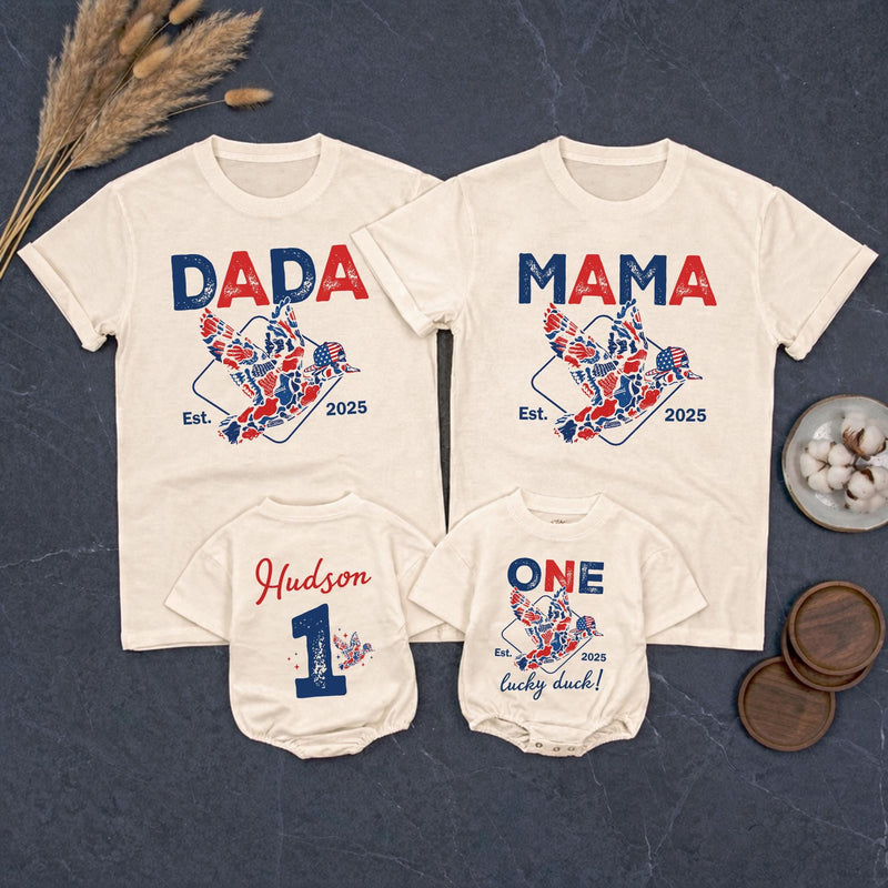 Personalized Duck Hunting Family Shirts, One Lucky Duck First Birthday American Boy Matching Family Outfits