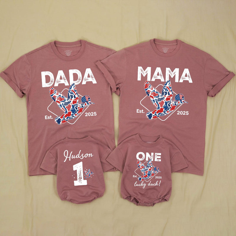 Personalized Duck Hunting Family Shirts, One Lucky Duck First Birthday American Boy Matching Family Outfits