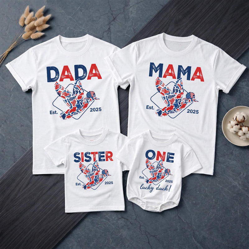 Personalized Duck Hunting Family Shirts, One Lucky Duck First Birthday American Boy Matching Family Outfits