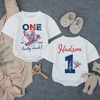 Personalized Duck Hunting Family Shirts, One Lucky Duck First Birthday American Boy Matching Family Outfits