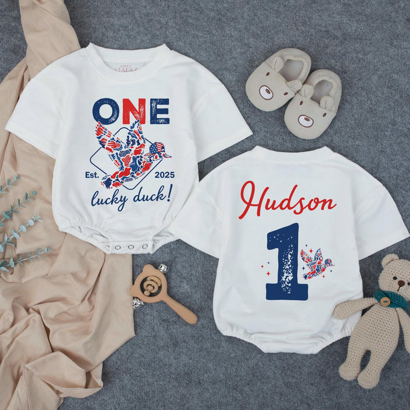 Personalized Duck Hunting Family Shirts, One Lucky Duck First Birthday American Boy Matching Family Outfits