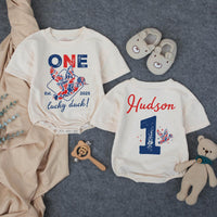 Personalized Duck Hunting Family Shirts, One Lucky Duck First Birthday American Boy Matching Family Outfits