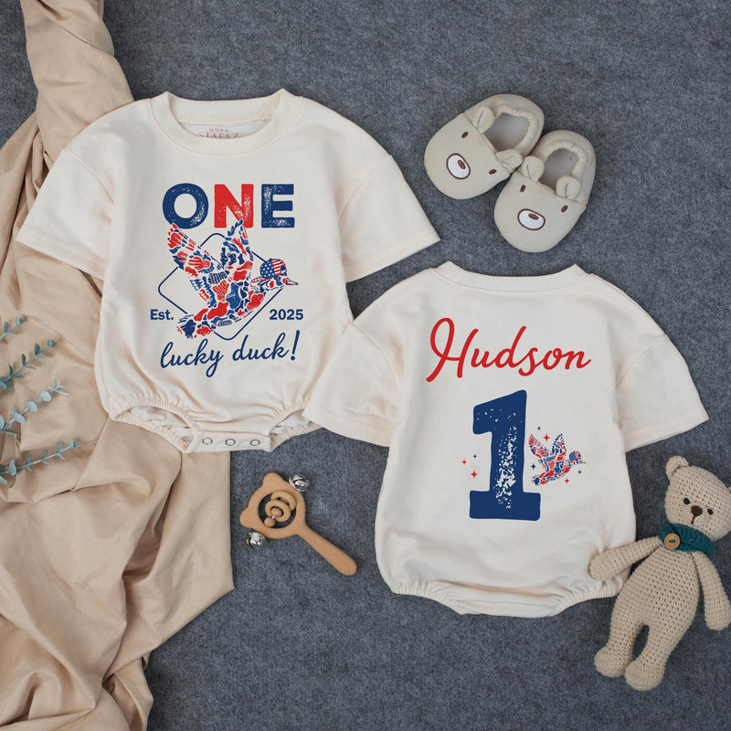 Personalized Duck Hunting Family Shirts, One Lucky Duck First Birthday American Boy Matching Family Outfits