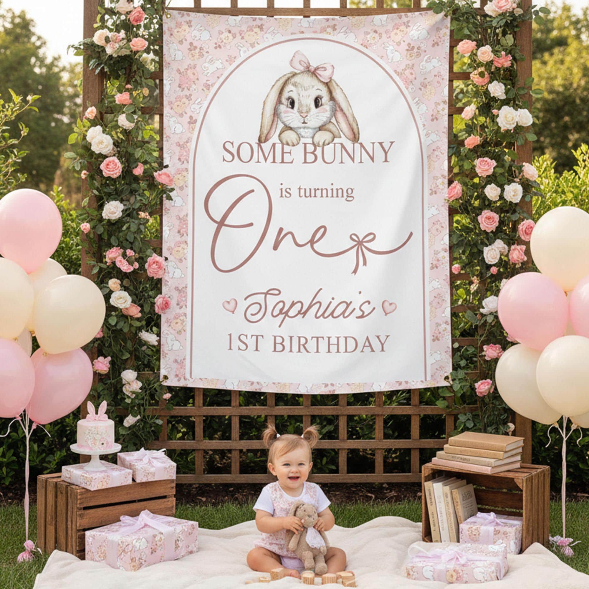 Personalized Easter 1st Birthday Silk Banner for Girls, Pink Bunny Party Backdrop with Custom Name, Some Bunny Is Turning One Sign