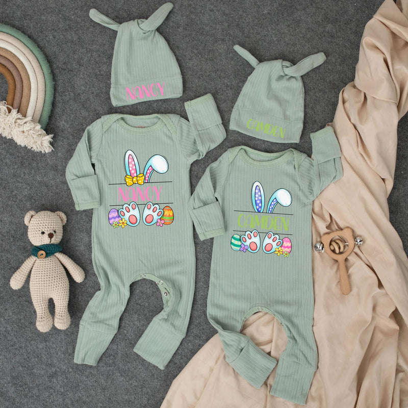 Personalized Easter Baby Bodysuit with Bunny Ears and Name Custom Outfit for Boys and Girls, Holiday Baby Gift, Soft Cotton Bunny Design