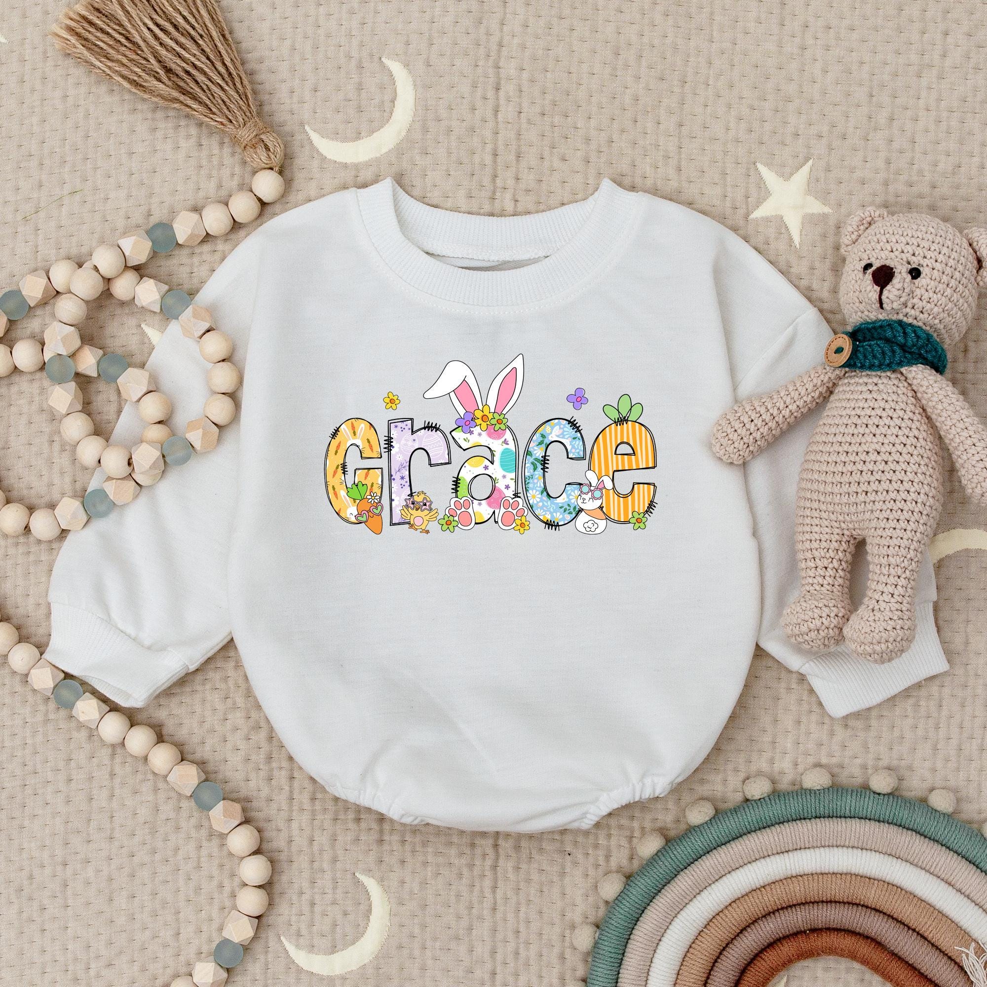 Personalized Easter Baby Bodysuit with Grace Design Soft Spring Colors First Easter Outfit Comfortable Cotton Infant Girl Boy Gift