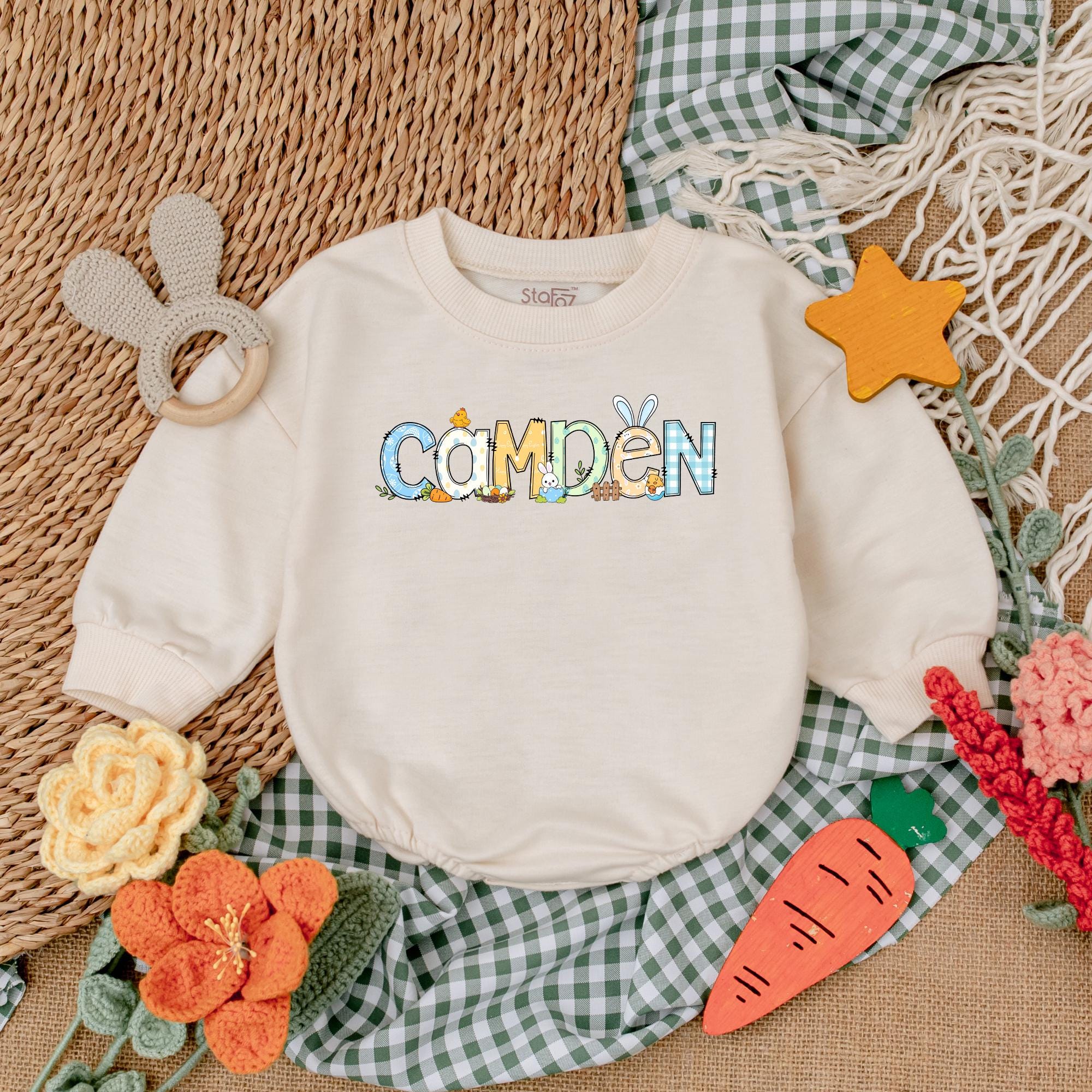 Personalized Easter Baby Boy Romper with Camden Design Bunny Ears and Pastel Colors Custom First Easter Outfit Soft Cotton Gift