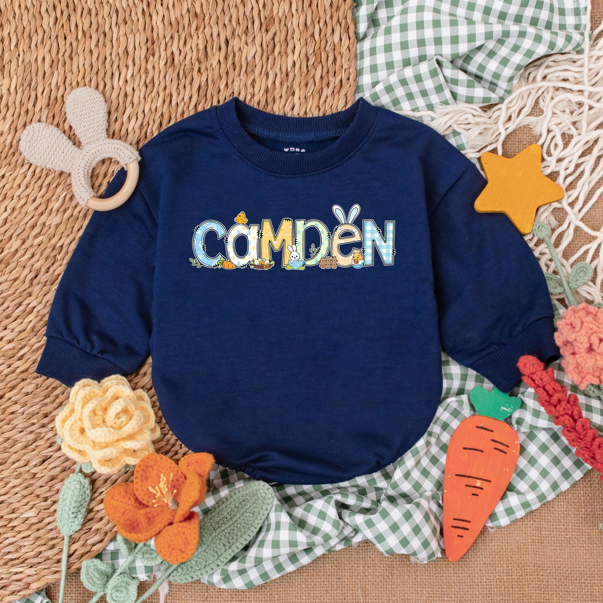 Personalized Easter Baby Boy Romper with Camden Design Bunny Ears and Pastel Colors Custom First Easter Outfit Soft Cotton Gift