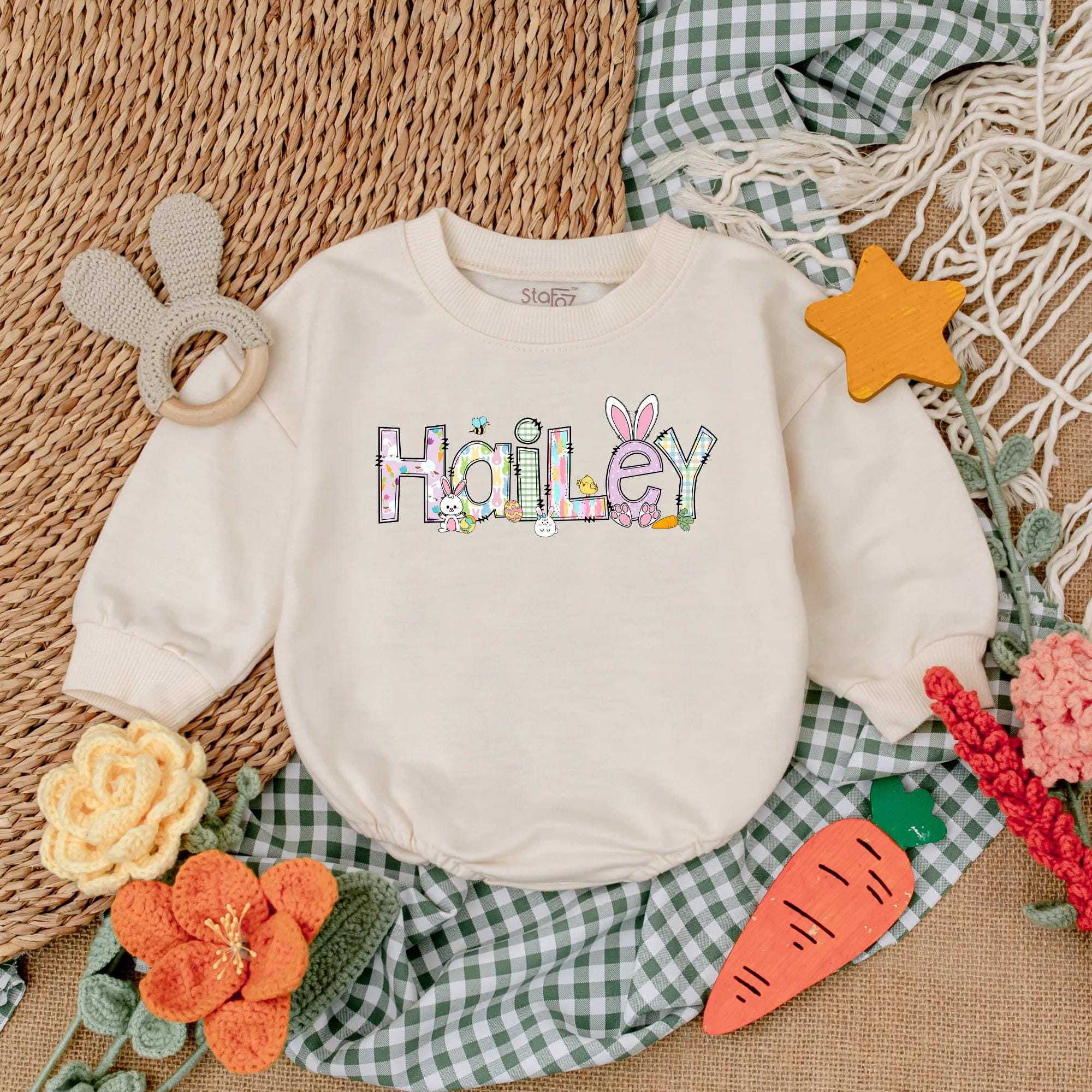 Personalized Easter Baby Girl Romper with Hailey Design Festive Outfit Colorful Bunny Ears Flower Eggs First Holiday Gift Toddler Clothes