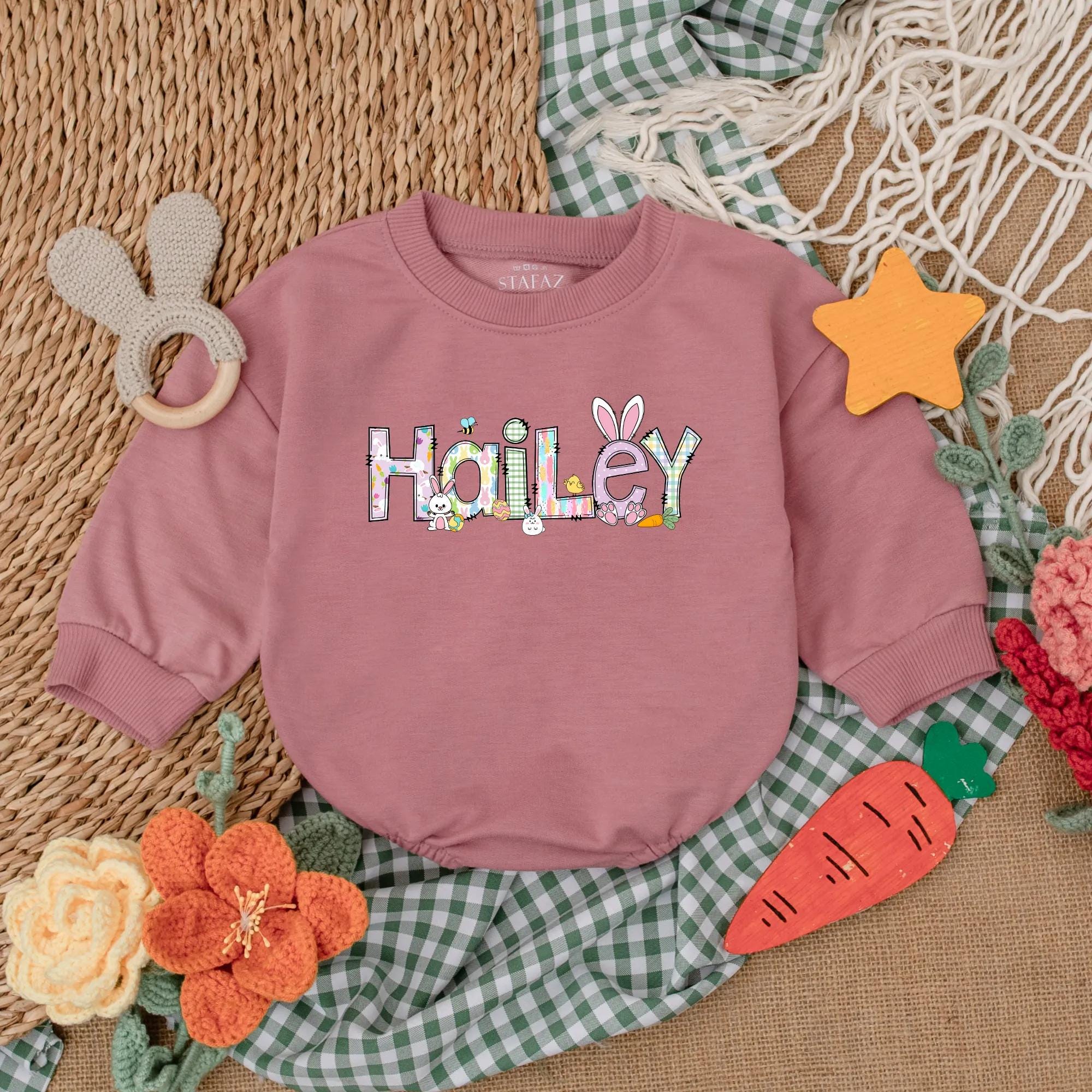 Personalized Easter Baby Girl Romper with Hailey Design Festive Outfit Colorful Bunny Ears Flower Eggs First Holiday Gift Toddler Clothes
