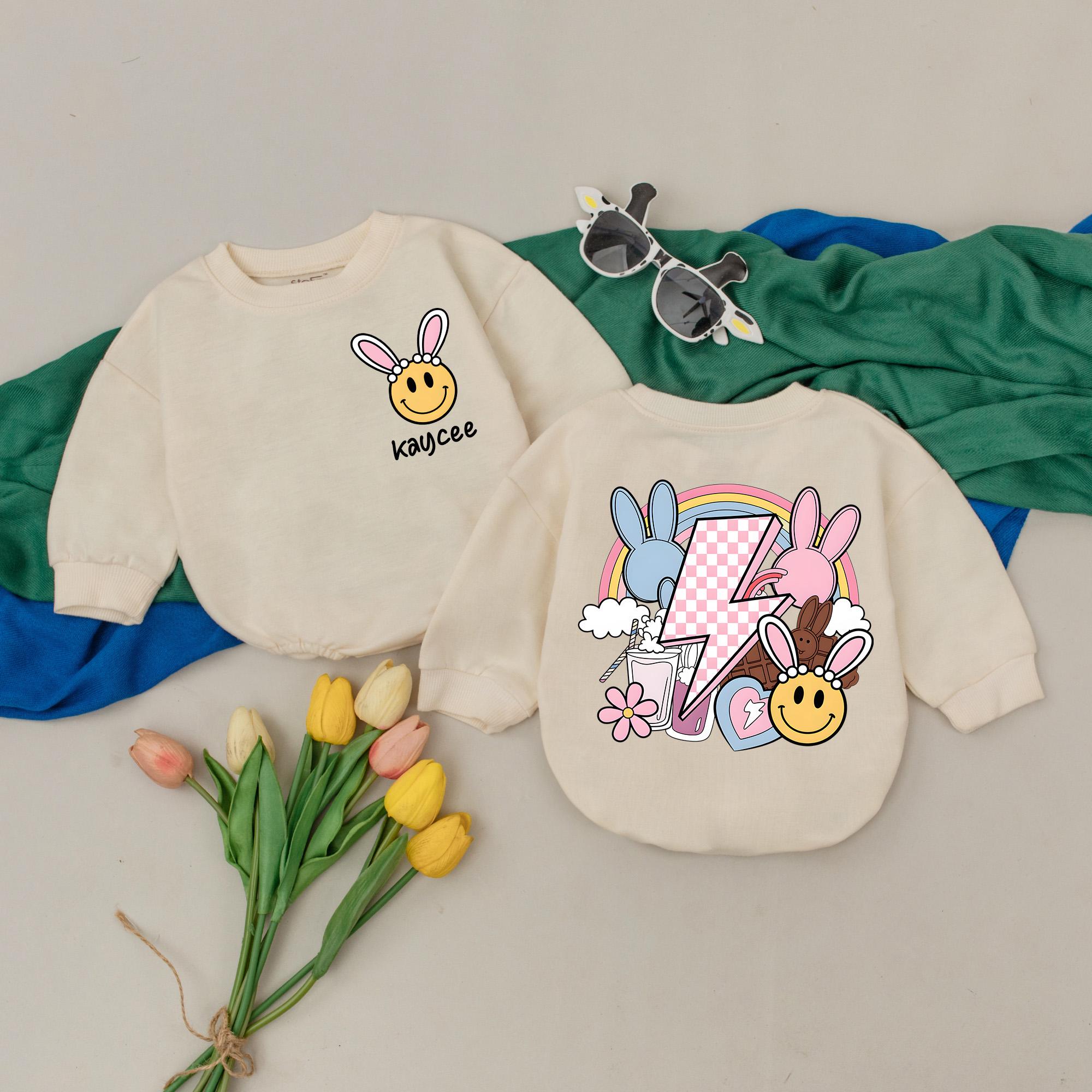 Personalized Easter Bunny Baby Romper with Groovy Smiley Face Custom 1st Easter Outfit Soft Cotton Infant Party Gift Pastel Colors