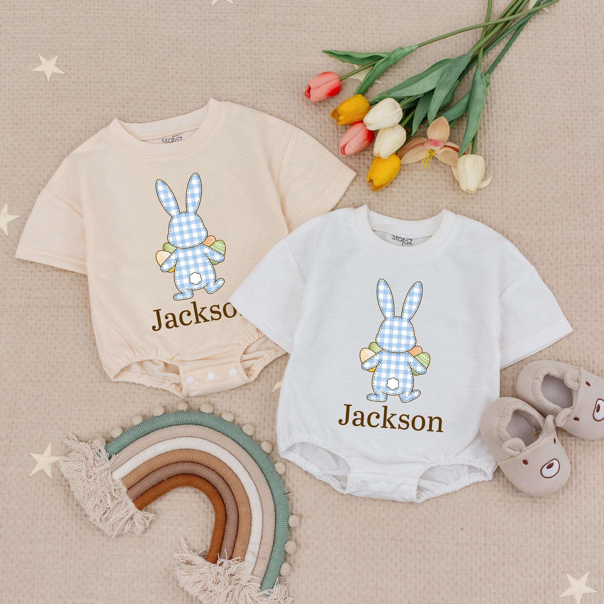Personalized Easter Bunny Bubble Romper for Baby Boys with Soft Blue Gingham, Custom Name Spring Outfit Perfect First Holiday Gift
