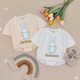 Personalized Easter Bunny Bubble Romper for Baby Boys with Soft Blue Gingham, Custom Name Spring Outfit Perfect First Holiday Gift