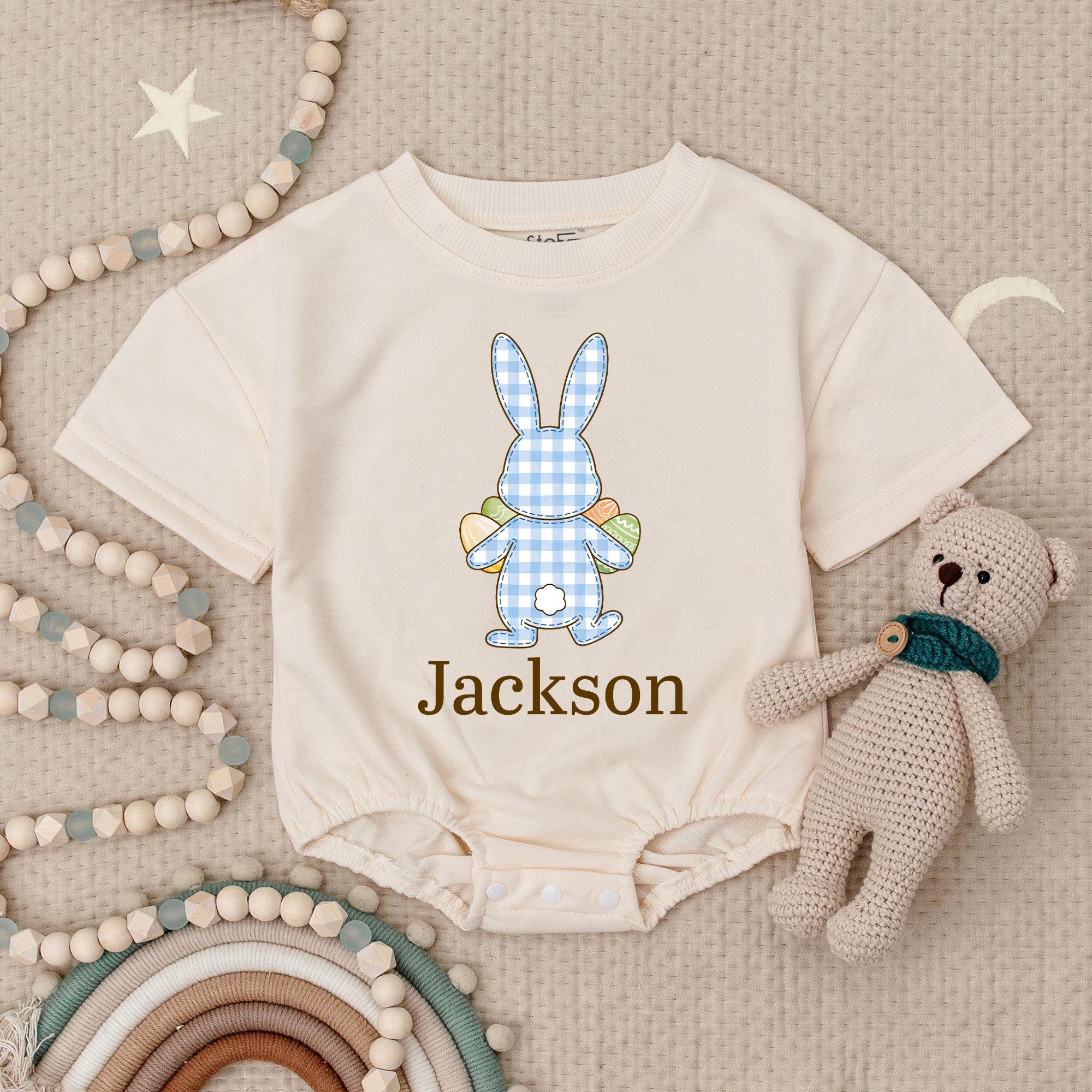 Personalized Easter Bunny Bubble Romper for Baby Boys with Soft Blue Gingham, Custom Name Spring Outfit Perfect First Holiday Gift